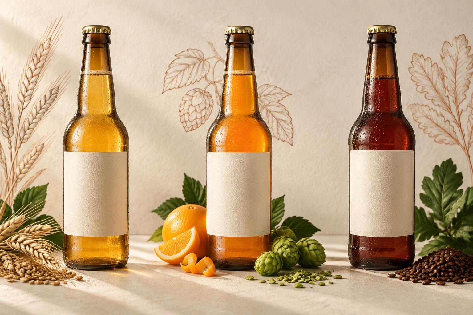 Drei unetikettierte Bierflaschen auf hellem Papier mit Malz, Hopfen und botanischen Zeichnungen