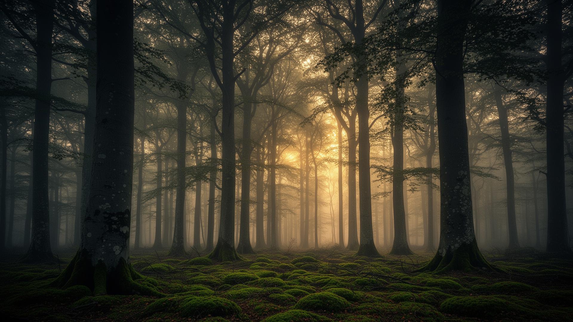 Nebliger Soonwald im Hunsrück bei Sonnenaufgang