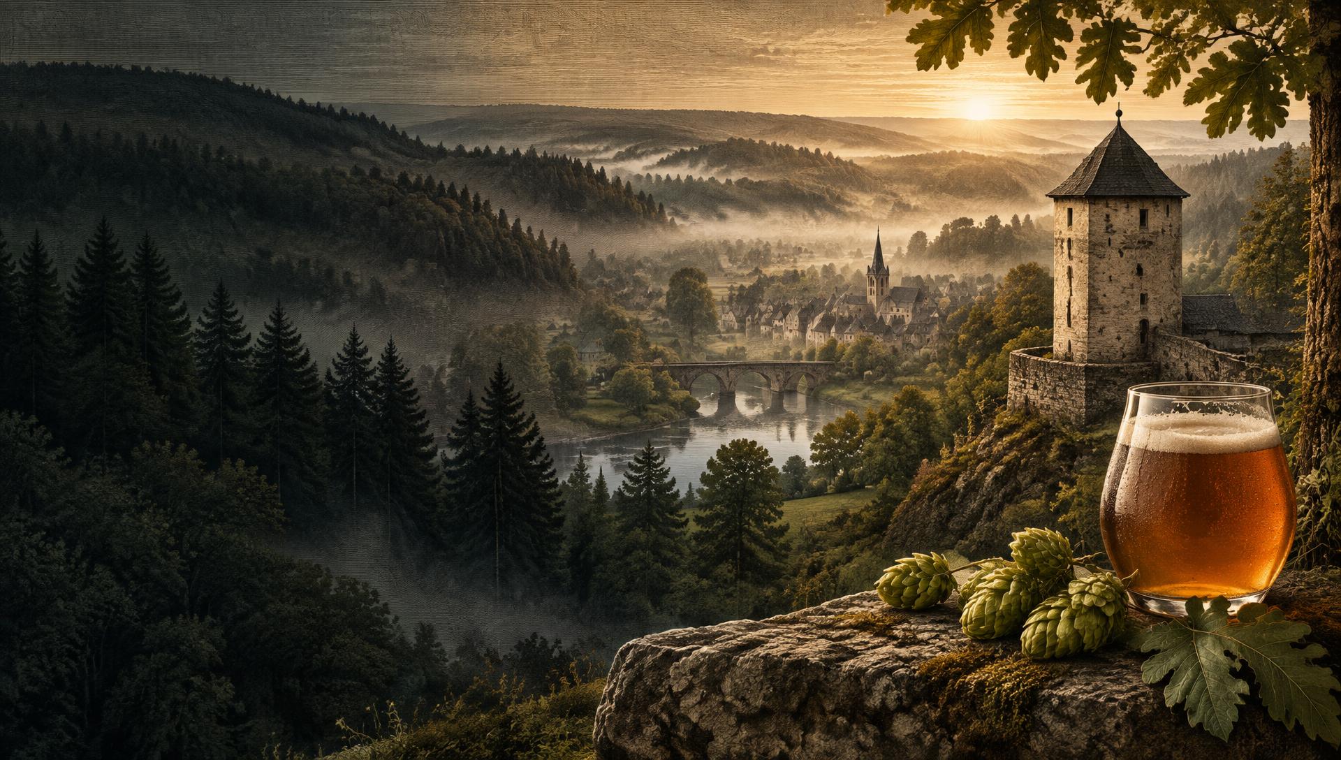 Atmosphärische Hunsrücklandschaft mit Turm, Wald und Bierglas